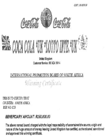 WARNING! Fake Coca-Cola UK Lottery winning certificates  trick South Africans